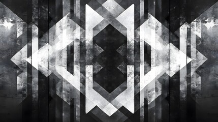 Layered dark and light geometric shapes arranged in a high contrast design
