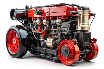 Fototapeta premium Realistic photo of a black and red engine with four wheels.