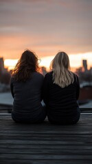Two women enjoy a serene sunset together, silhouetted against a vibrant sky, embodying friendship and connection.