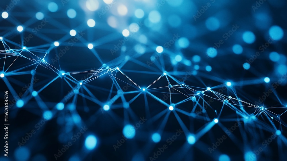 Poster abstract representation of interconnected nodes and networks in blue tones.