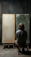 A contemplative male artist with curly hair sits in front of two blank canvases, deep in thought about his next masterpiece.