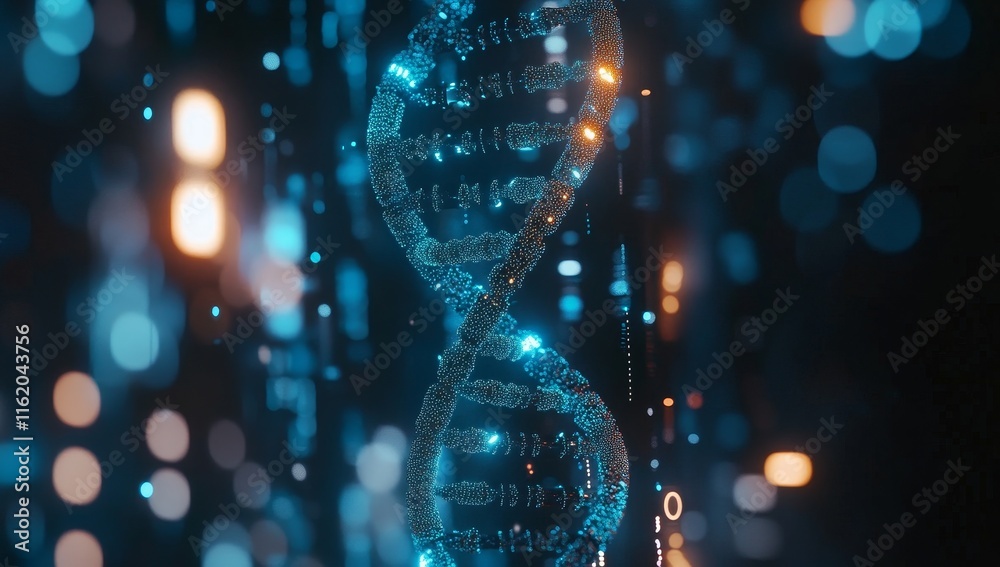 Poster Glowing DNA strand with digital particles.