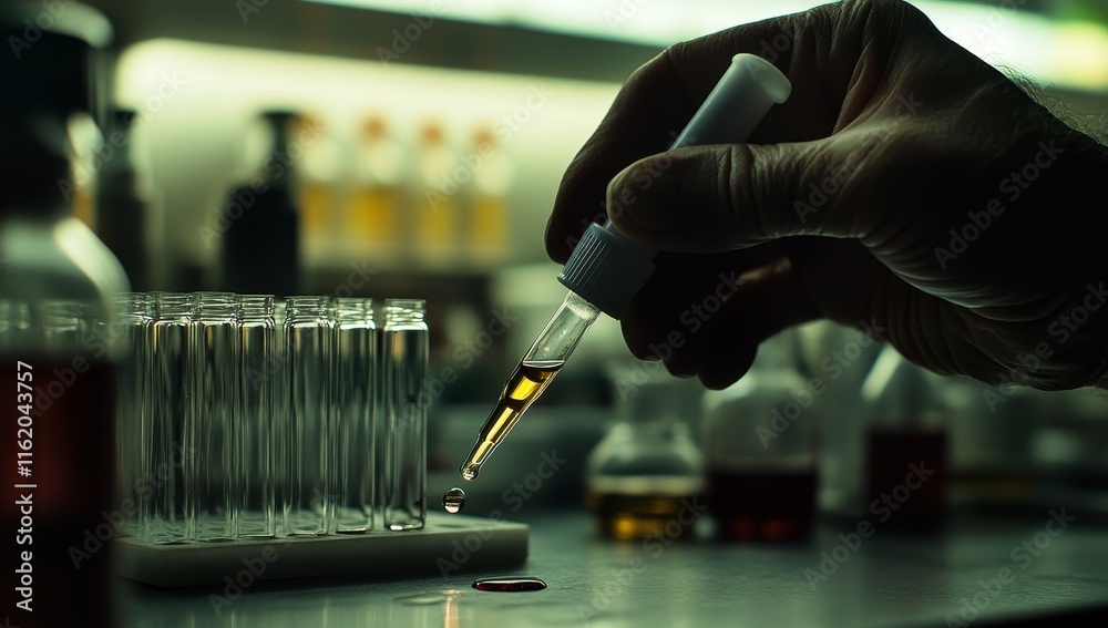 Poster Scientist's hand using pipette to add liquid into test tube in lab.
