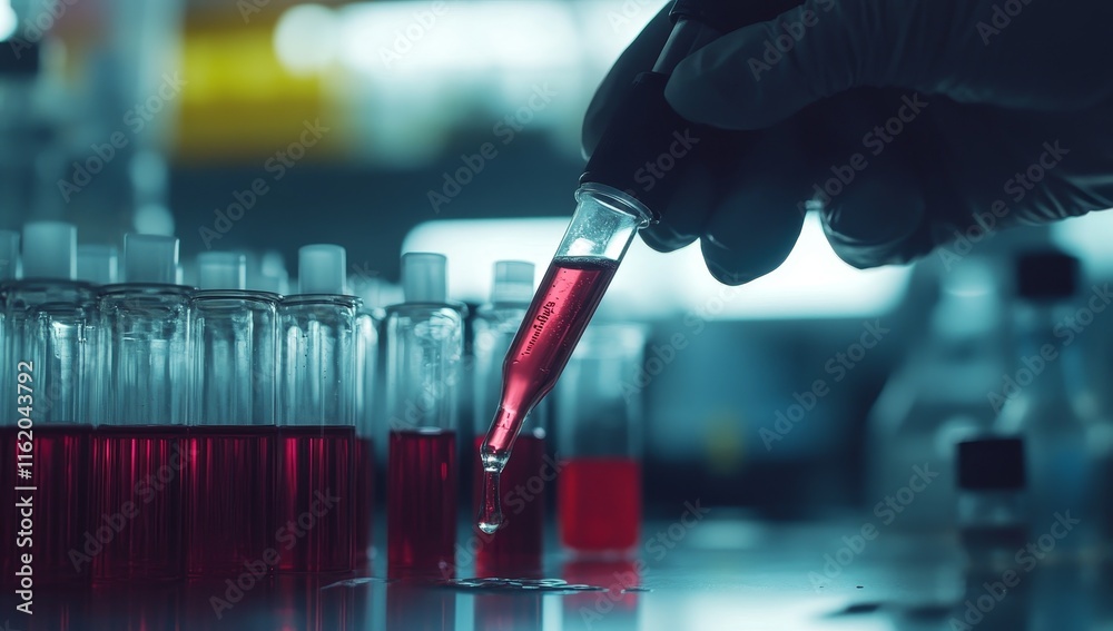 Poster Scientist's gloved hand using pipette adding red liquid to test tube in lab.