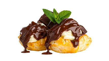 A delicious and indulgent cream puff filled with rich custard cream, covered in smooth melted chocolate, captured on a transparent background for food lovers, culinary creatives, and dessert.