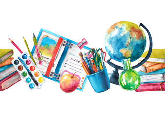 School globe, stack of books, notebook, pencils and pens, paints watercolor seamless border