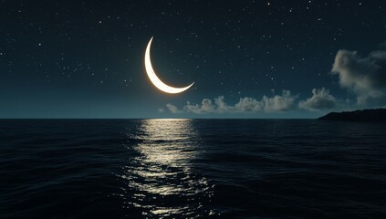 Naklejka premium Crescent moon over calm ocean at night. (1)