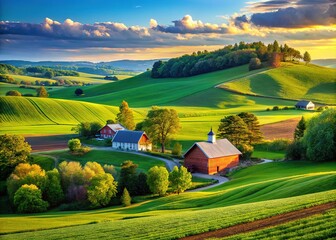 Obraz premium Scenic countryside farm, stunning vista unfolds.