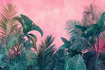 Lush tropical leaves against a pink wall.