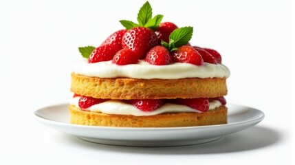 Delicious Multi Layered Cake Adorned With Fresh Strawberries And Mint Leaves on Top.