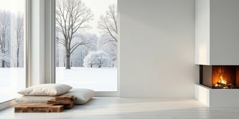Fototapeta premium Serene Winter Scene Cozy Interior with Fireplace and Snowy Landscape Viewed Through Expansive Window