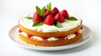 Delicious Multi Layered Cake Adorned With Fresh Strawberries And Mint Leaves on Top.