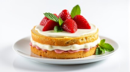 Delicious Multi Layered Cake Adorned With Fresh Strawberries And Mint Leaves on Top.