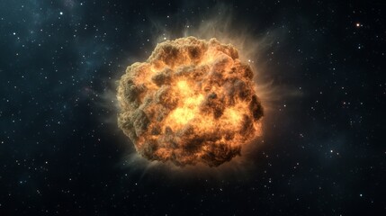 A spectacular explosion in space, showcasing vivid fiery colors and billowing clouds of gas against a star-filled background.