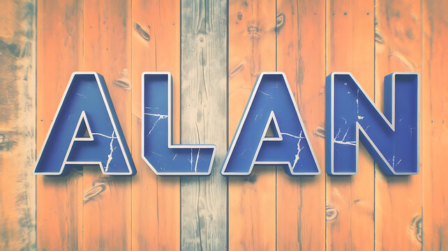 bold blue text rendering of name Alan on rustic wooden backdrop