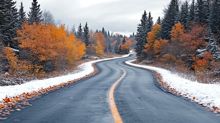 Obraz premium Winding Road Through Autumn Forest In Early Winter Snow