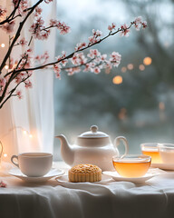 Fototapeta premium Cozy Tea Time Setting with Cherry Blossoms, White Ceramic Teapot, Teacups, and Mooncake Pastry on Linen Tablecloth.