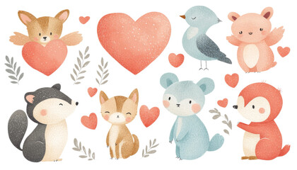 Obraz premium Cute Cartoon Woodland Animals with Hearts and Leaves in Pastel Colors on White Background