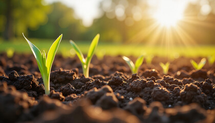 Green sprouts growing in soil under sunlight