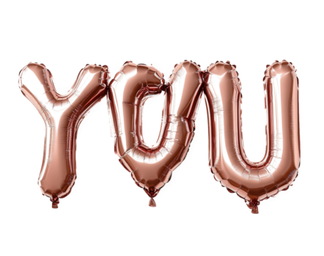 rose gold balloons spelling the word you against a transparent background