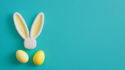 Easter bunny with ears peeking from a pink wall surrounded by yellow and white eggs on a teal background for festive holiday celebrations.