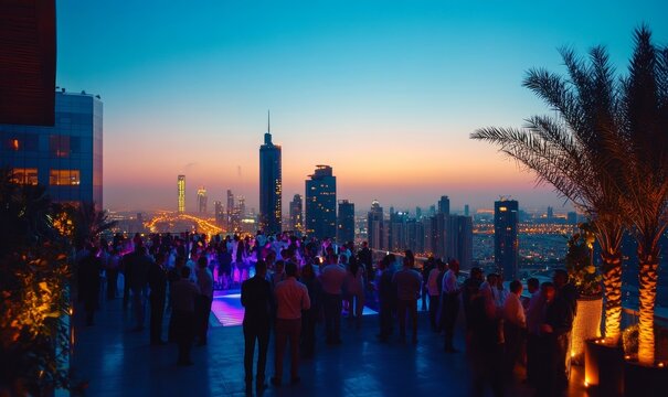 Group of professionals business people enjoying a rooftop party, Generative AI