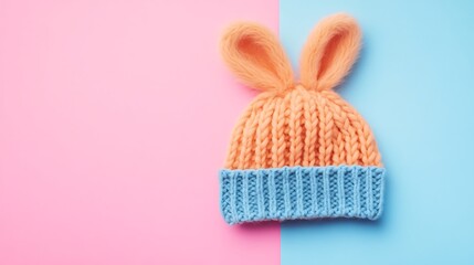Cozy beanie peach color with bunny ear design on pink and blue background