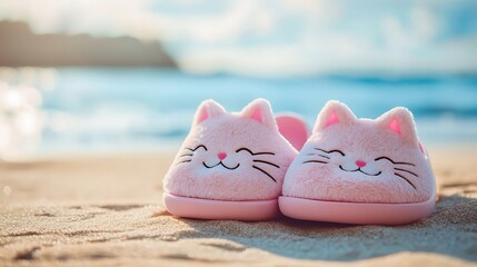 Cute cat face pink slippers with whiskers on beach background