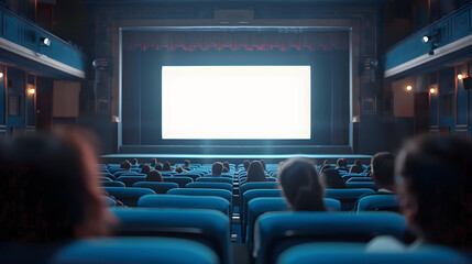 A movie theater showcases a large screen with people