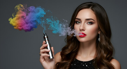 Fototapeta premium The stark contrast between the dark attire model woman with e-cigarette andd background with the vivid, multicolored vapor offers a visual metaphor for creativity bursting forth from modern devices.