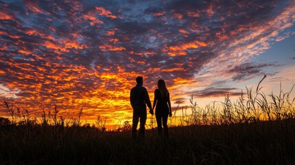 Fototapeta premium A couple standing together, holding hands and looking up at the sky as the sun sets.