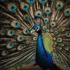 Fototapeta premium Photograph a peacock displaying its feathers.