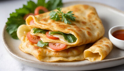 Vietnamese Pancakes Stuffed with Vegetables and Tomatoes Close-up Food Photography