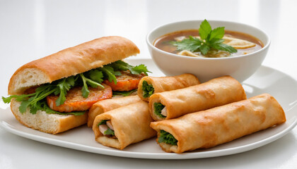 Vietnamese Street Food Banh Mi & Spring Rolls Platter with Soup