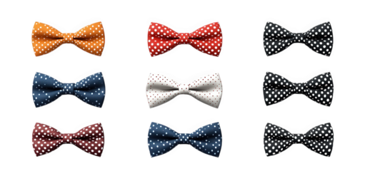 collection of nine bow ties with white polka dots on different colored backgrounds