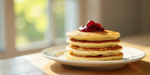 A stack of golden-brown pancakes topped with a dollop of vibrant red fruit preserves, sitting on a pristine white plate bathed in warm sunlight, presented on a light-colored wooden surface.