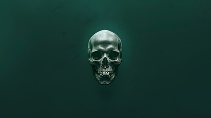 Solid dark green background with a small white skull motif in the center.