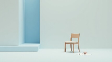 A solitary wooden chair rests on a pale blue floor, near a minimalist pale blue and white architectural structure.