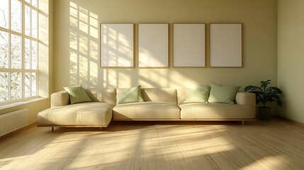 Fototapeta premium Sunlit living room with beige sectional sofa, four empty frames, and large window.