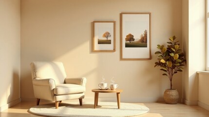 Serene Autumnal Living Room Corner Featuring a Comfortable Armchair, Wooden Coffee Table with Two Mugs, and Framed Nature Photography