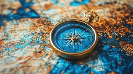 Golden Compass on Detailed Blue and Brown Nautical Map