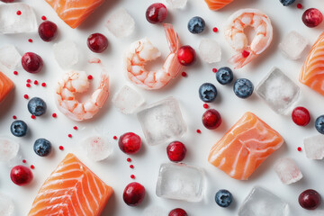 A flat lay composition featuring frozen fish, seafood, and berries on a table. The scene includes pieces of salmon fillet, shrimp in ice cubes, blueberries, cranberry puree, and red sprinkles