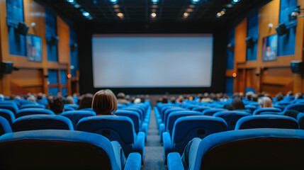 Naklejka premium A movie theater showcases a large screen with people