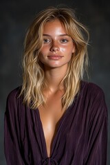 Fototapeta premium Beautiful young woman with freckles and blonde hair wearing a purple dress