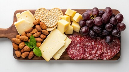 Gourmet cheese and charcuterie board with crackers, almonds, and grapes