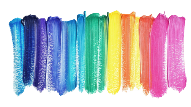 a vibrant rainbow of colors painted in horizontal strokes on a transparent background the colors are arranged in the order of the rainbow. starting with violet and ending with red