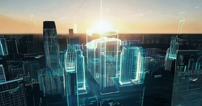 A realistic 3D wire mesh cityscape at dawn, intelligent building systems and technology visualized through pulsing binary code streams,