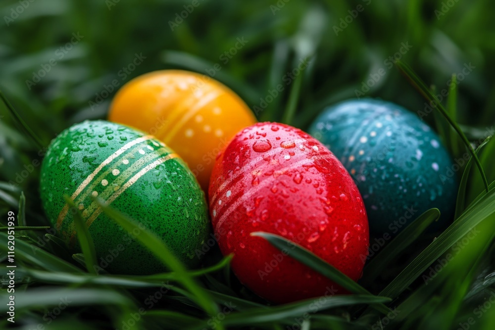 Aufkleber colorful easter eggs resting on the grass with morning dew in a serene backyard setting