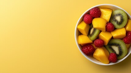 Delicious fruit salad with mango, kiwi, and raspberries in a bowl on yellow background