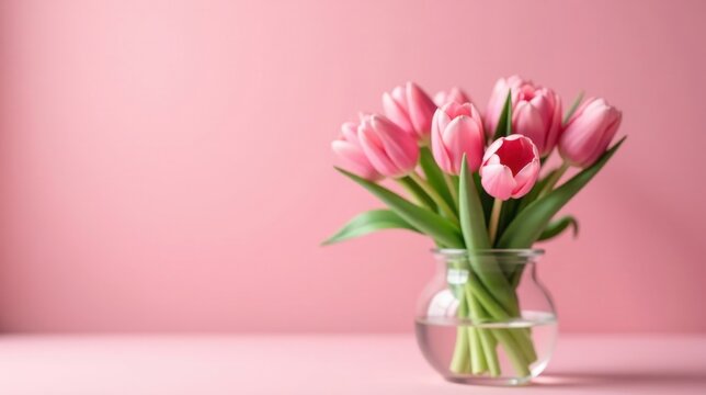A delicate bouquet of pale pink tulips arranged in a clear glass vase on a soft pink background, perfect for springtime celebrations and romantic gestures